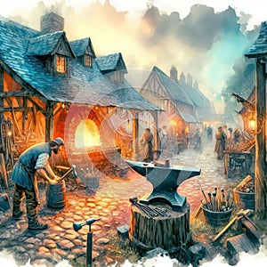 Medieval village scene with blacksmith and forge