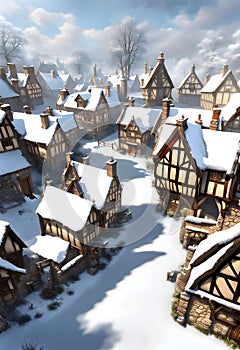medieval village in winter with houses covered in snow