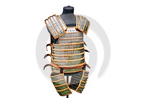 Medieval vintage armor and retro warrior chain mail, isolated on a white background. Reconstruction of the events of the Middle