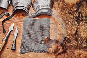 Medieval vintage armor and retro warrior chain mail. Reconstruction of the events of the Middle Ages in Europe