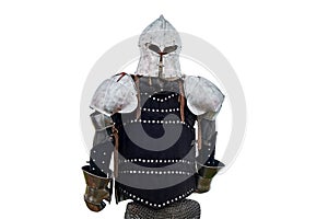 Medieval vintage armor and retro warrior helmet, isolated on a white background. Reconstruction of the events of the Middle Ages