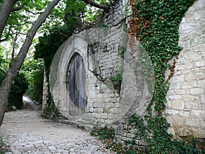 Medieval wall with wooden doors