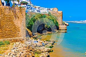 Medieval walls and white houses of Kasbah of the Udayas at the Bou Regreg river on a sunny day. Rabat, Morocco