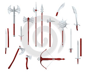 Medieval war type of weapon, set concept icon crossbow, sword, axe, pike mace and katana old cold weaponry flat vector