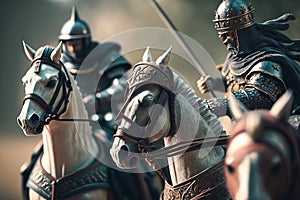 Medieval Warfare in Unreal Engine 5: Cinematic, Hyper-Detailed Knights on Horseback with Bokeh and Depth of Field photo