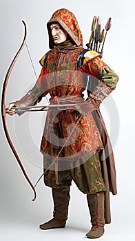 Medieval warrior archer with bow and arrow in uniform. White background, isolate. AI generated.