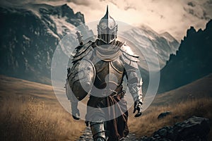 medieval warrior armor with helmet walking knight in mountains