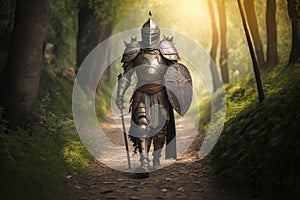 medieval warrior in armor and helmet walking on path