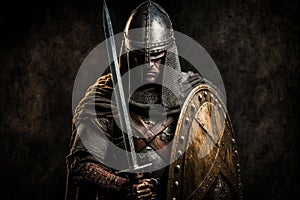 medieval warrior in armor with sword and shield on dark background