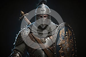 medieval warrior in armor with sword and shield on dark background