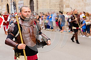Marche, Ascoli Piceno, Reenactment, Giostra della Quintana: a medieval warrior during an exibition