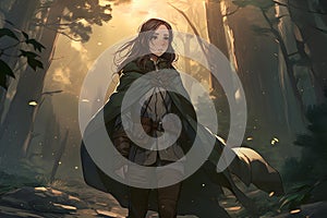 Medieval warrior girl in the forest. Neural network AI generated