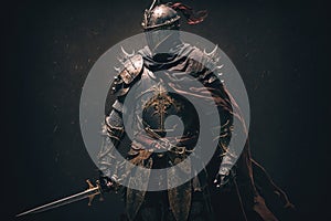 medieval warrior with sword in armor walking on dark background digital illustration