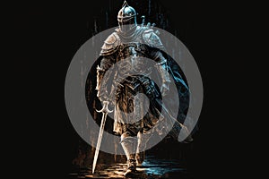 medieval warrior with sword in armor walking on dark background digital illustration