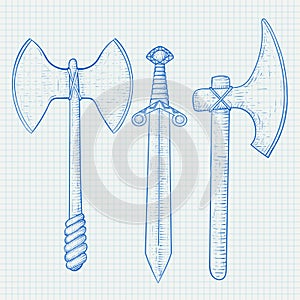 Medieval weapon - axe, sword. Hand drawn sketch on lined paper background