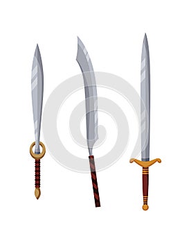 Medieval weapon collection. Ancient weaponry, war and heraldry concept. Illustration of melee weapon icons. World melee