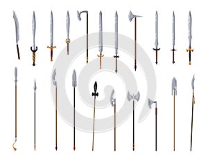 Medieval weapon collection. Ancient weaponry, war and heraldry concept. Spears swords and battle axes. World melee