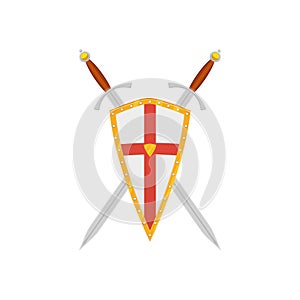 Medieval weapons concept. A beautiful metal knight shield with two crossed knight swords positioned behind the shield