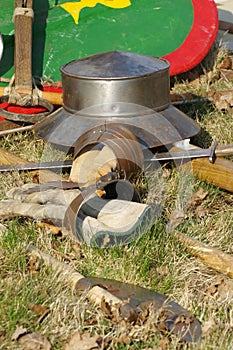 Medieval weapons sword shield and helmet