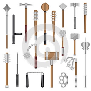 Medieval weapons vector ancient protection warrior and antique metal hammer illustration weaponry set of flail-weapon