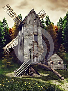 Medieval windmill and shed