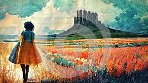 medieval woman in front of a big mountain and a beautiful, colorful field, folky poster, ai generated image