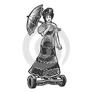 medieval woman ride hoverboard sketch vector