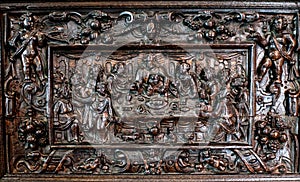 Medieval wood carving of The Last Supper