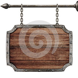 Medieval wood sign hanging on chains isolated