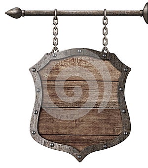 Medieval wood sign or shield hanging on chains isolated