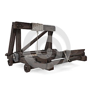 Medieval Wooden Catapult On White Background. 3D Illustration, Isolated