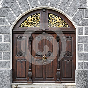 Medieval wooden door with lion head doorknocker and golden iron decoration, Ulm, South Germany photo