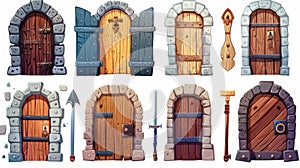 The medieval wooden doors in old houses, castles, and dungeons with grating. Set of game icons with old wooden and metal