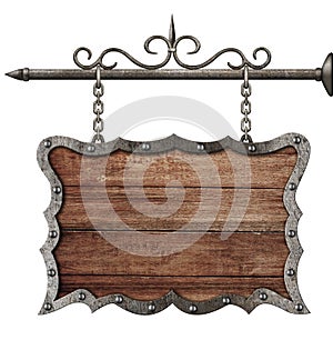 Medieval wooden sign board hanging on chains isolated