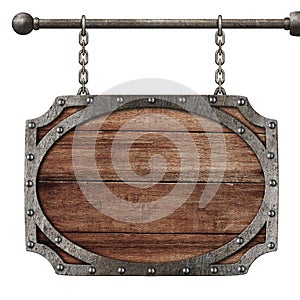 Medieval wooden sign hanging on chains isolated photo