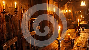 In a medievalstyle tavern small alcoves carved into the wooden walls hold flickering candles providing a cozy and photo