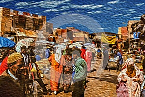 Medina with people and stalls in Marrakesh