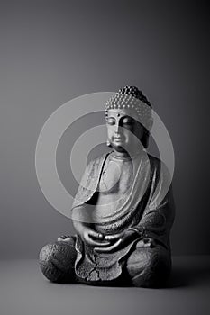 Meditating Buddha on gray background. Soft focus. Close up.