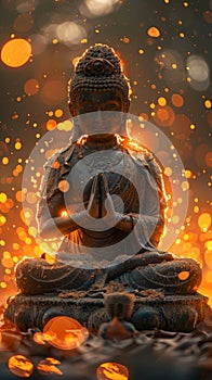 Meditating Buddha statue with sparkling bokeh, symbolizing inner peace and spirituality. Vesak Day greeting card.