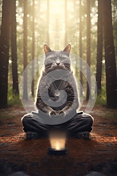 Meditating cat, sitting in lotus pose and mindfully meditate. Mental healthy concept of home feline pets