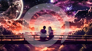 meditating couple sit on the bridge and relax, dreamy unreal beautiful stars sky view and a breathtaking stunning landscape,