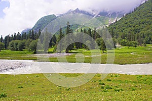 Meditating in front of peaceful valley. Kinnaur district of Himachal Pradesh