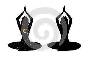 Meditating girl with space and moon inside, black silhouette, set. Mystical esoteric symbol for yoga, tantra, tarot