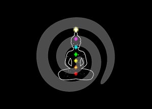 Meditating human in lotus pose. Yoga illustration. Colorful 7 chakras, vector isolated on black background