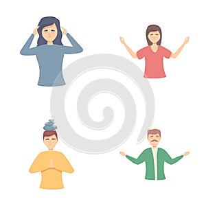 Meditating icons set cartoon vector. Young positive people meditating