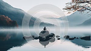 Meditating Man Over Misty Lake: A Serene And Calming Landscape
