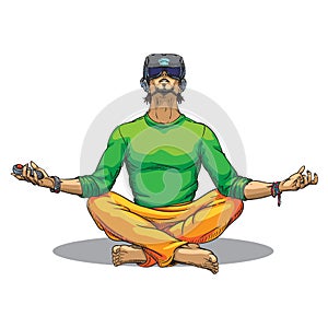 Meditating man in virtual reality glasses