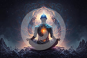 Meditating man in yoga lotus pose silhouette meditating traveling in neverending cosmos