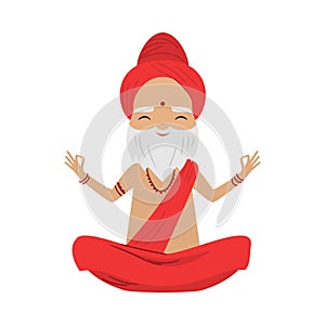 Meditating old yogi man with bindi on the forehead sitting in a lotus position. Vector illustration in flat cartoon
