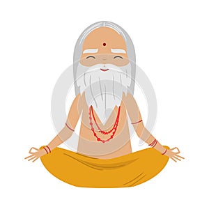 Meditating old yogi man with grey hair and beard sitting in a lotus position. Vector illustration in flat cartoon style.